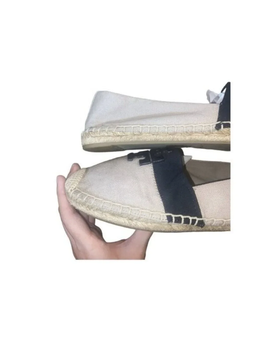 Tory Burch Weston Flat Espadrille Natural Canvas Black/Beige Logo Shoes Size 9